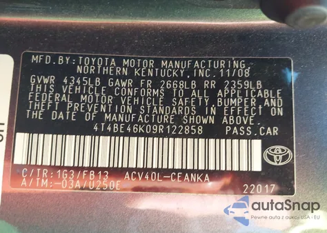 2009 Toyota Camry Le z USA, uszkodzony, nr VIN 4T4BE46K09R122858